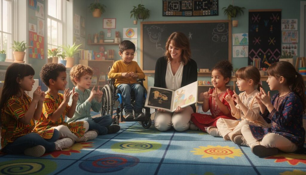 Diverse children listening to inclusive storytelling