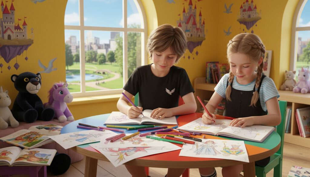 Children writing and drawing stories together