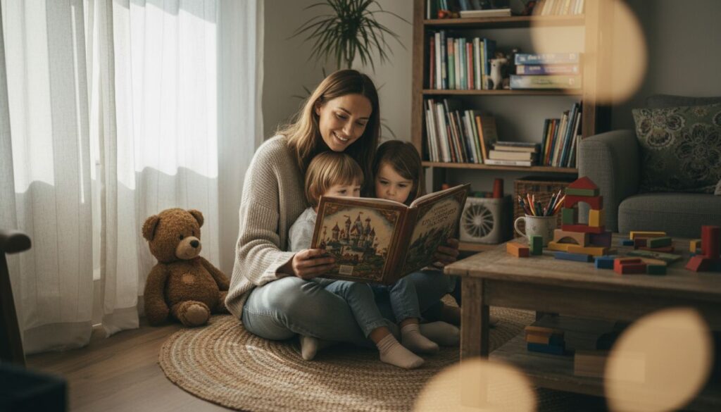 Mother reads fairy tale to children on rug