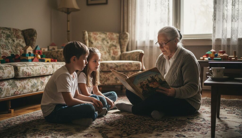 Grandmother reading fairy tale to children