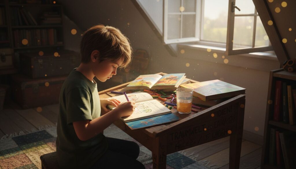 Ein Kind sitzt an einem Schreibtisch im sonnendurchfluteten Dachzimmer und denkt sich eine Märchengeschichte aus.