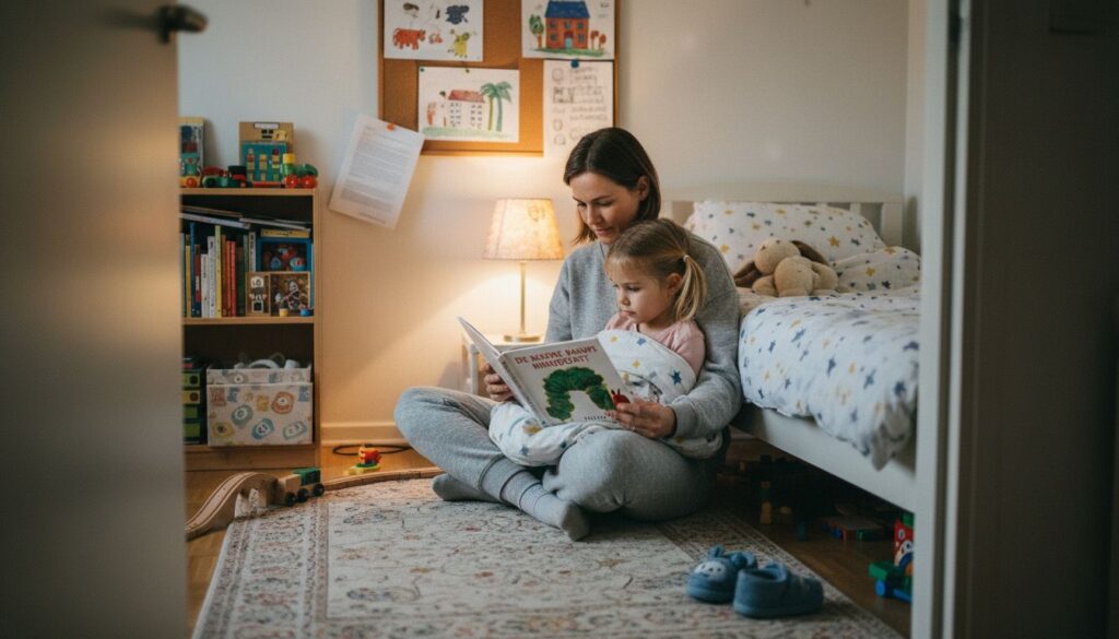 Eine Mutter liest ihrem Kind abends eine Gutenachtgeschichte vor.