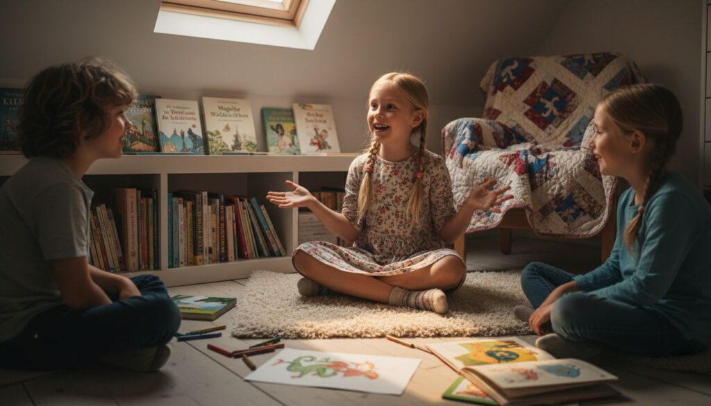 Märchenstunde für Kinder in einer gemütlichen Leseecke unterm Dach