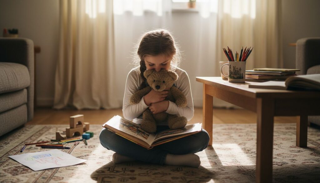Girl reading fairy tale in cozy living room