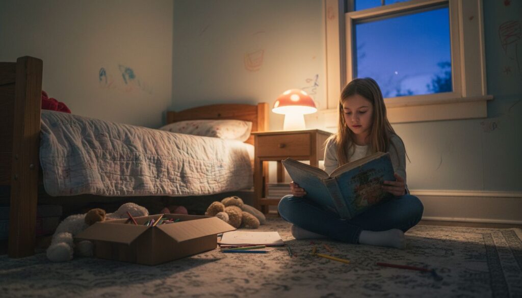 Child reads fairytale book in cozy room