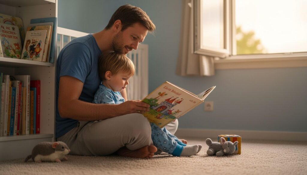 Ein Vater liest seinem kleinen Kind eine Geschichte über einen Siebenschläfer vor.