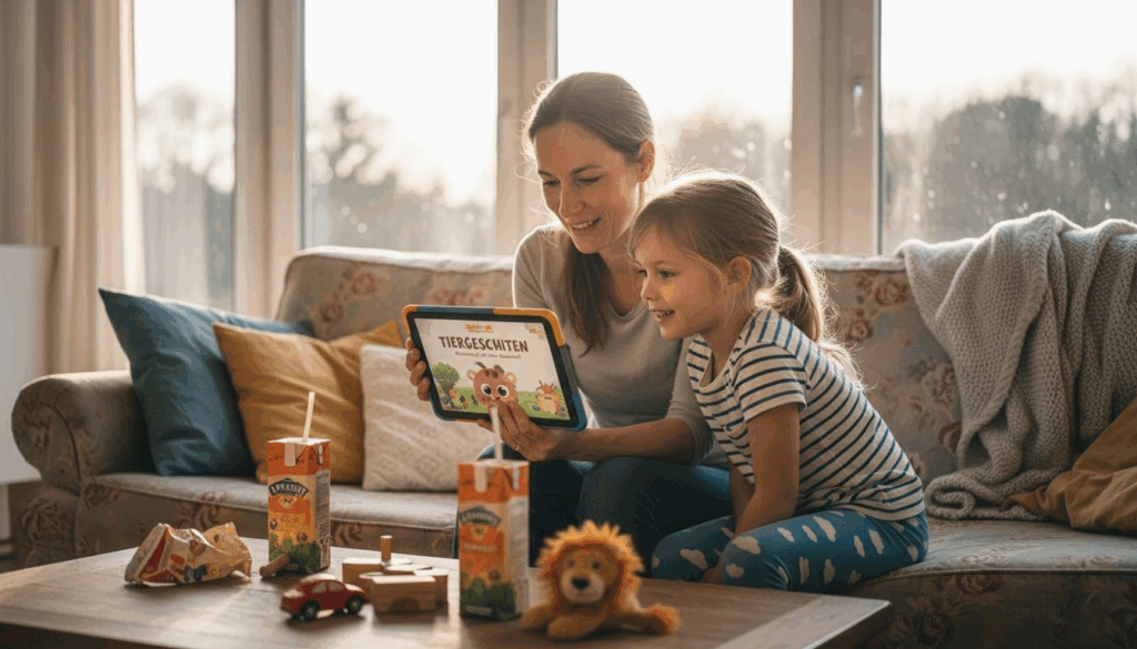 Im Wohnzimmer erkunden Mutter und Kind gemeinsam das Tablet und erleben spannende Momente.