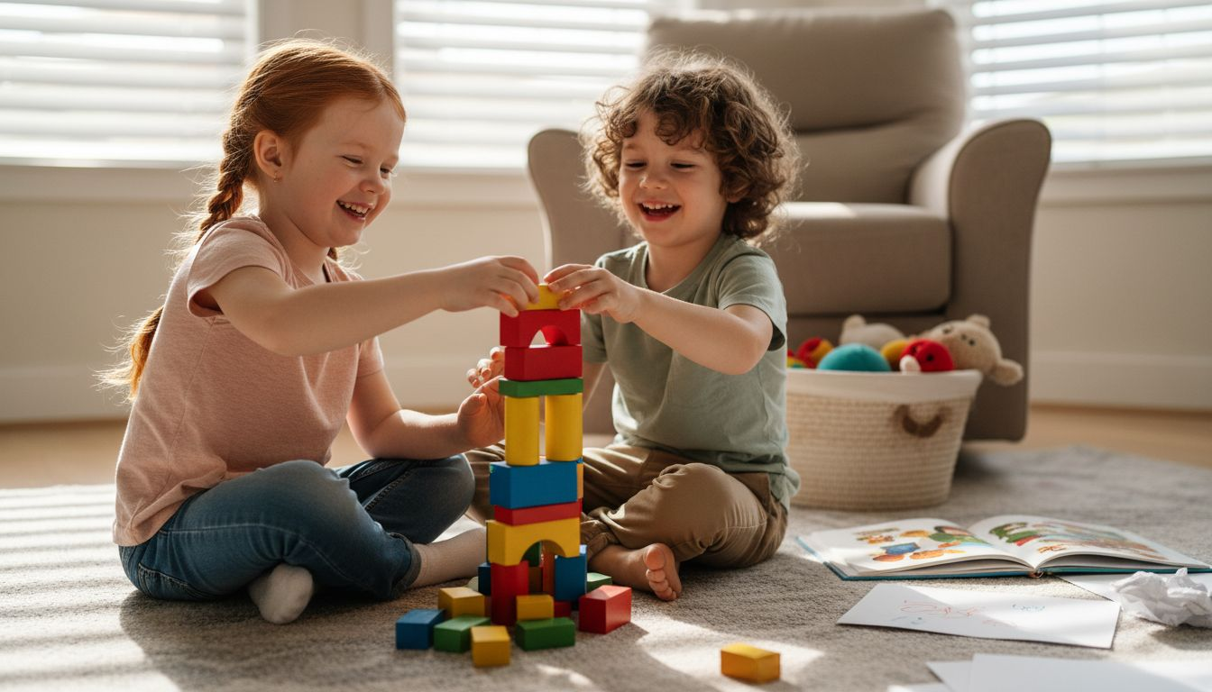 Im Wohnzimmer lassen die Kinder ihrer Fantasie freien Lauf und stapeln fröhlich Holzklötze zu einem Turm.
