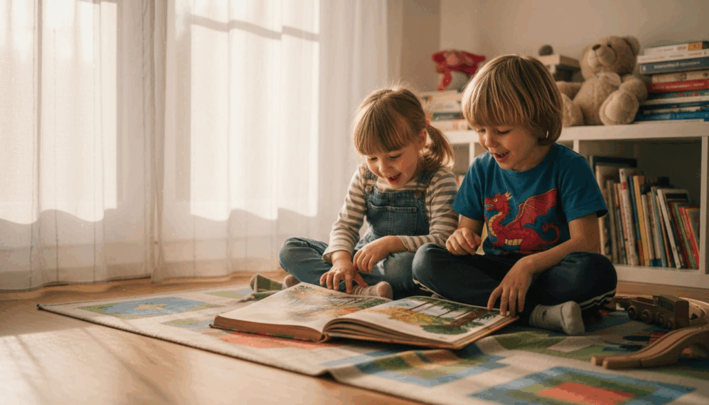 Auf dem bunten Spielteppich schmökern Kinder gemeinsam in einem Märchenbuch.