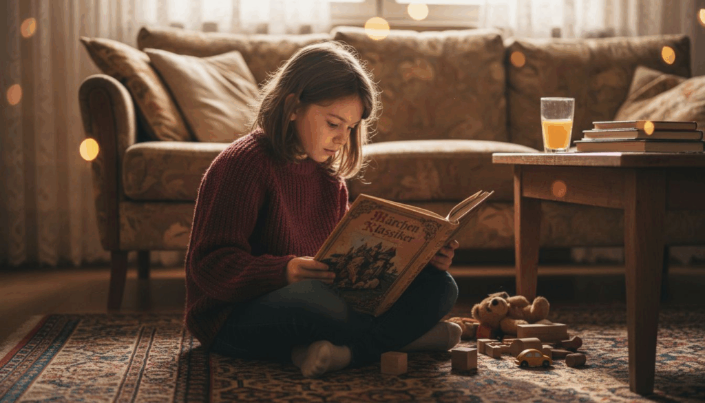 Ein Mädchen liegt gemütlich auf dem Teppich und vertieft sich in ein Märchenbuch.