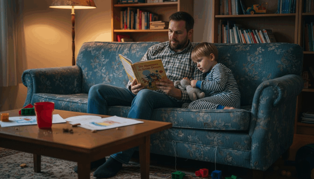 Im Wohnzimmer sitzt ein Vater und liest seinem Kind eine Geschichte vor.