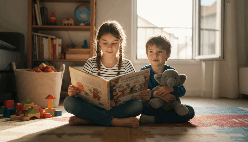 Ein Mädchen liest ihrem kleinen Bruder eine Geschichte vor, die ihm Mut macht.