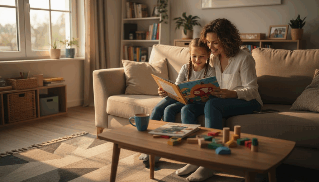 Eine Mutter sitzt mit ihrem Kind gemütlich auf dem Sofa im Wohnzimmer und liest ihm eine Geschichte vor.