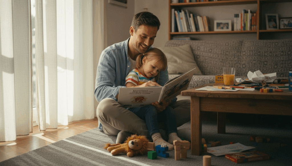 Vater liest Tochter im Wohnzimmer ein Buch vor