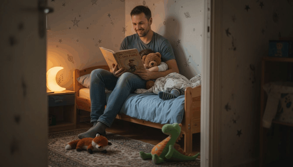 Ein Vater liest seinem Kind abends eine Gutenachtgeschichte vor.
