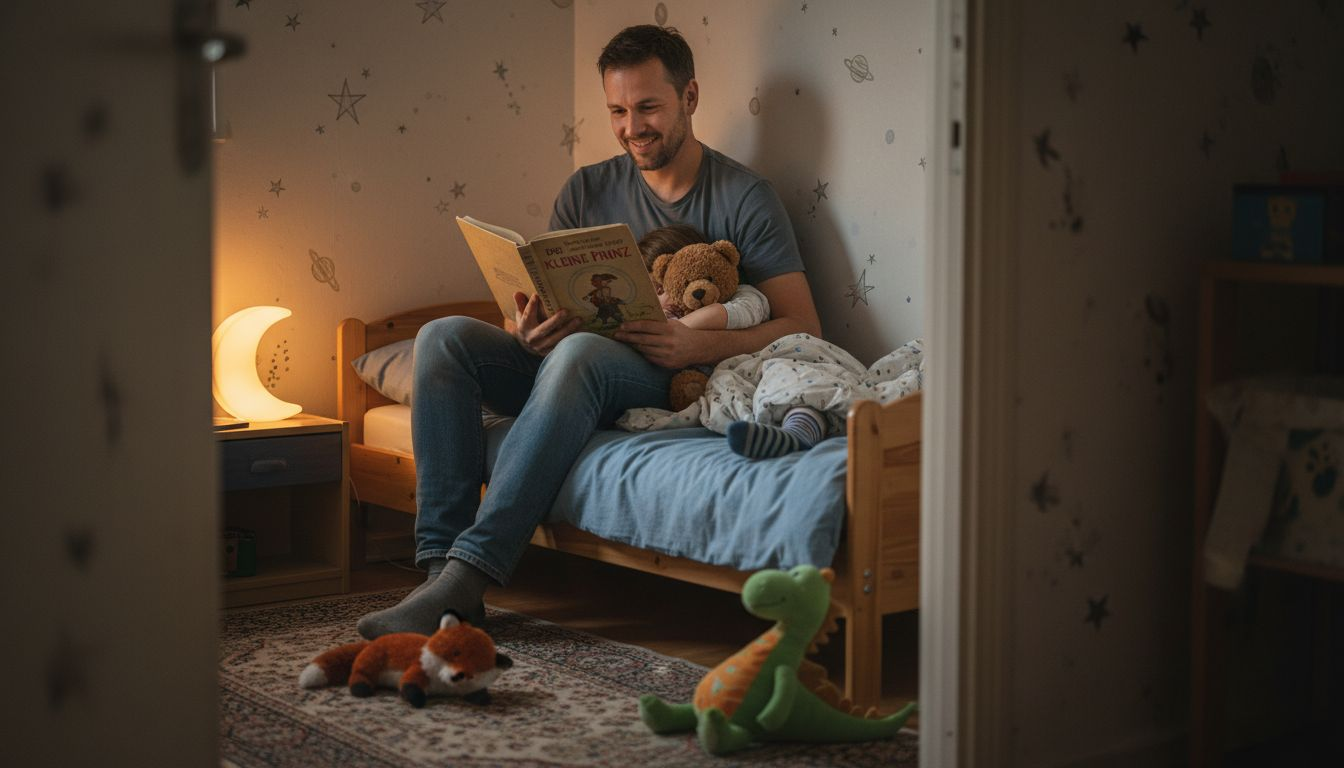 Ein Vater liest seinem Kind abends eine Gutenachtgeschichte vor.