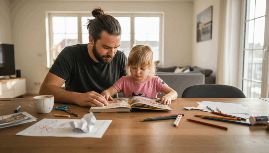 Gemeinsam tauchen Vater und Tochter in die Welt der Märchen ein und blättern gemütlich durch das Märchenbuch.