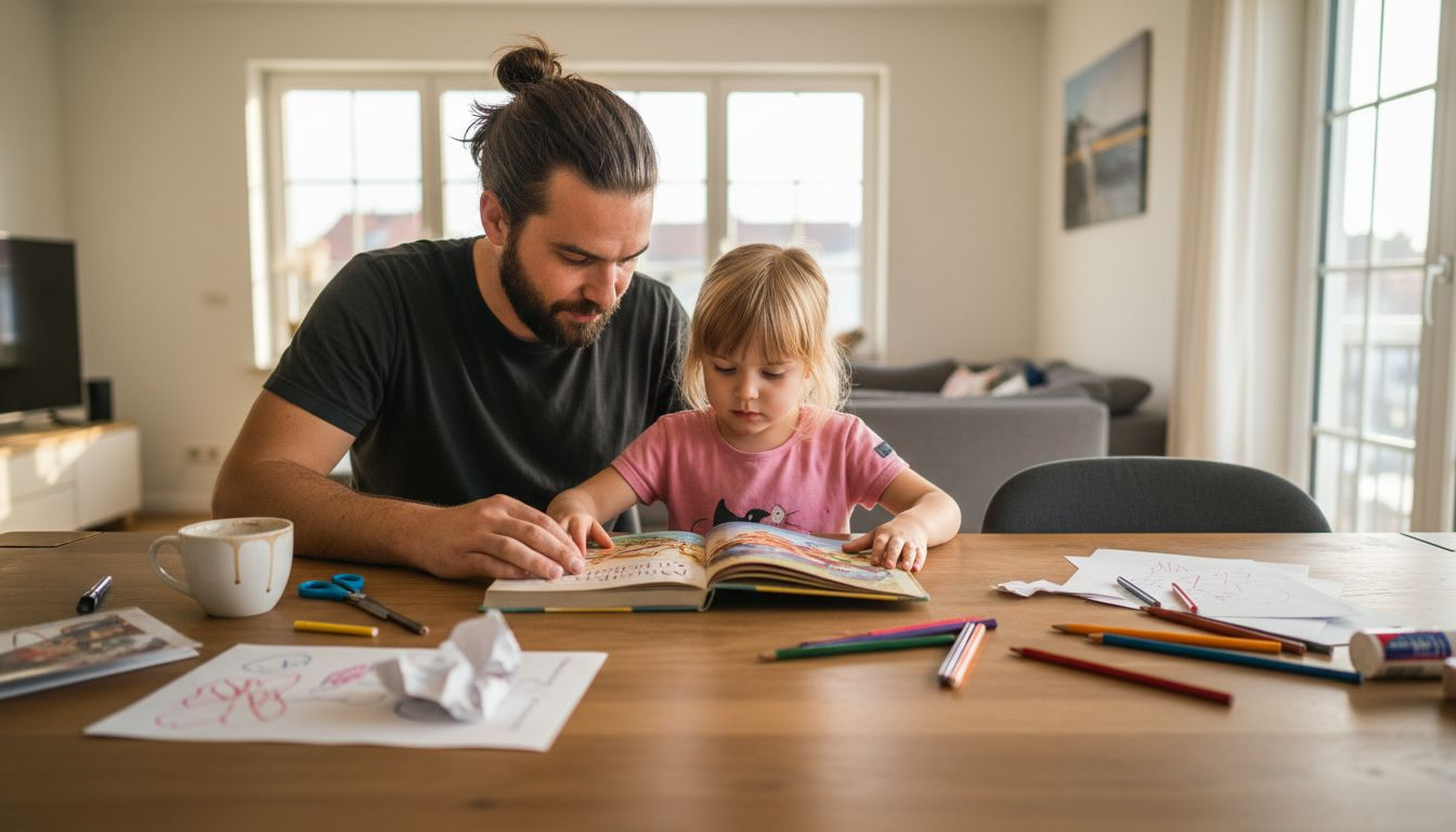 Gemeinsam tauchen Vater und Tochter in die Welt der Märchen ein und blättern gemütlich durch das Märchenbuch.