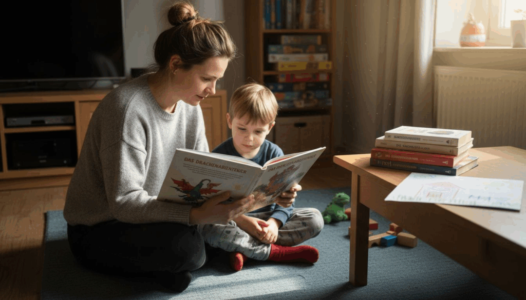 Eine Mutter liest gemeinsam mit ihrem Kind in gemütlicher Atmosphäre zu Hause.