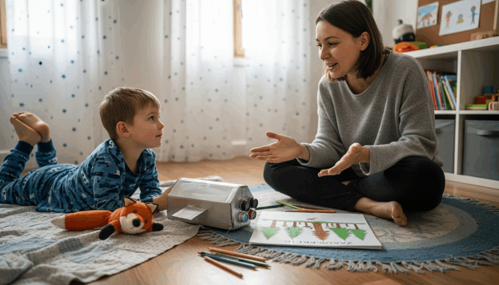 Eine Mutter sitzt mit ihrem Kind gemütlich zu Hause und erzählt ihm eine fantasievolle Geschichte.