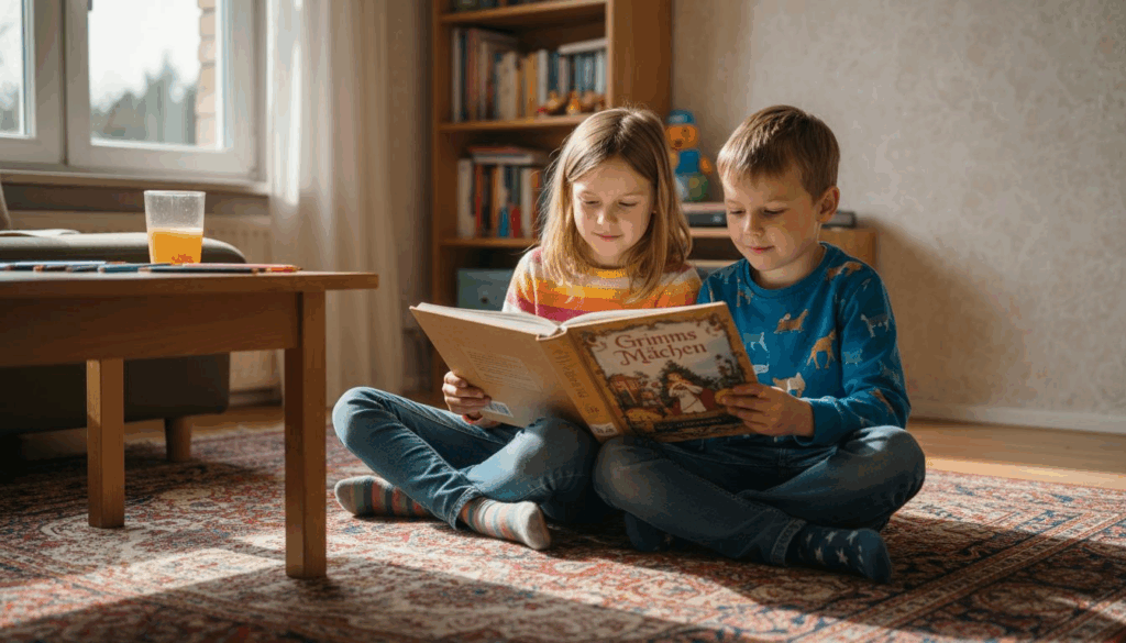 Im Wohnzimmer stoßen die Kinder neugierig auf ein Märchenbuch und beginnen darin zu blättern.