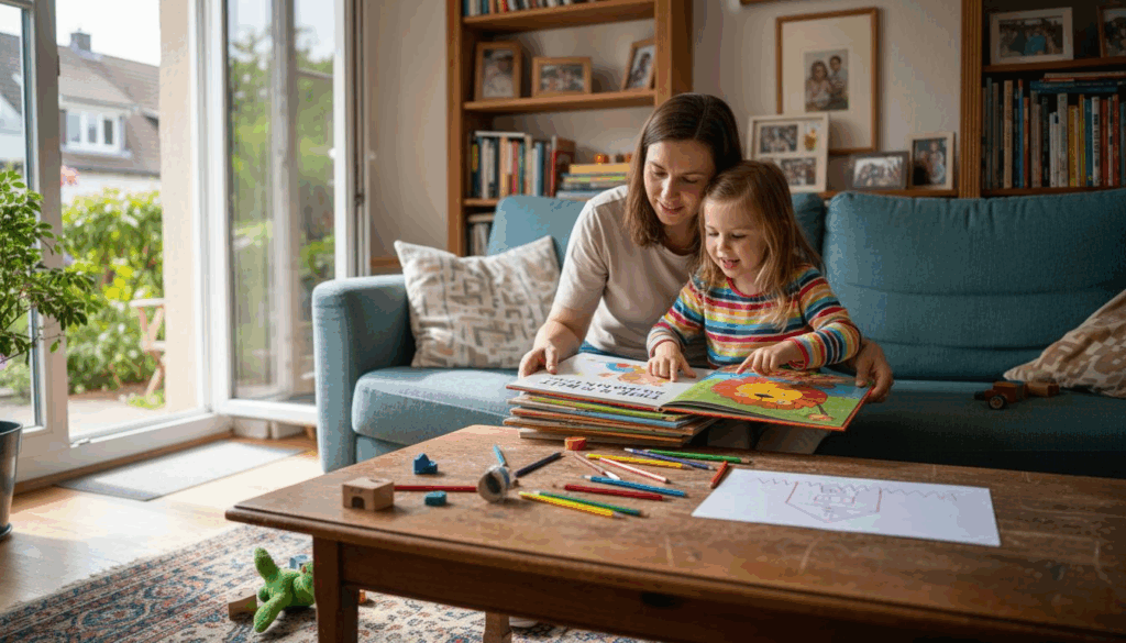 Gemeinsam stöbern Mutter und Kind nach neuen Lieblingsbüchern für die Gute-Nacht-Geschichte.