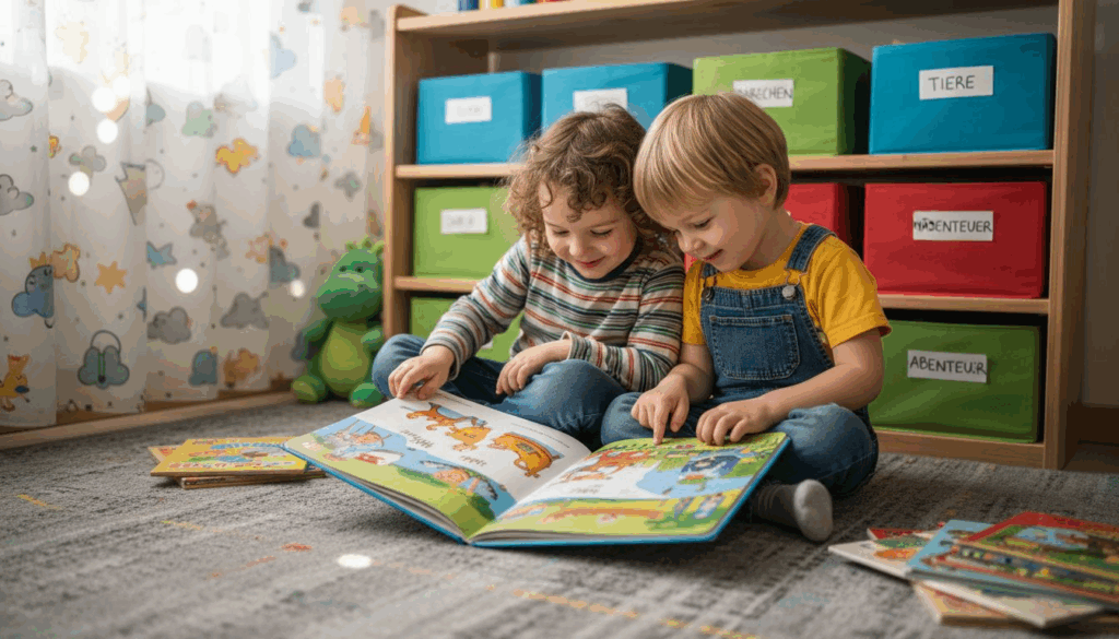 Mehrere Kinder sitzen gemeinsam auf einem Teppich und schauen sich ein Bilderbuch an.