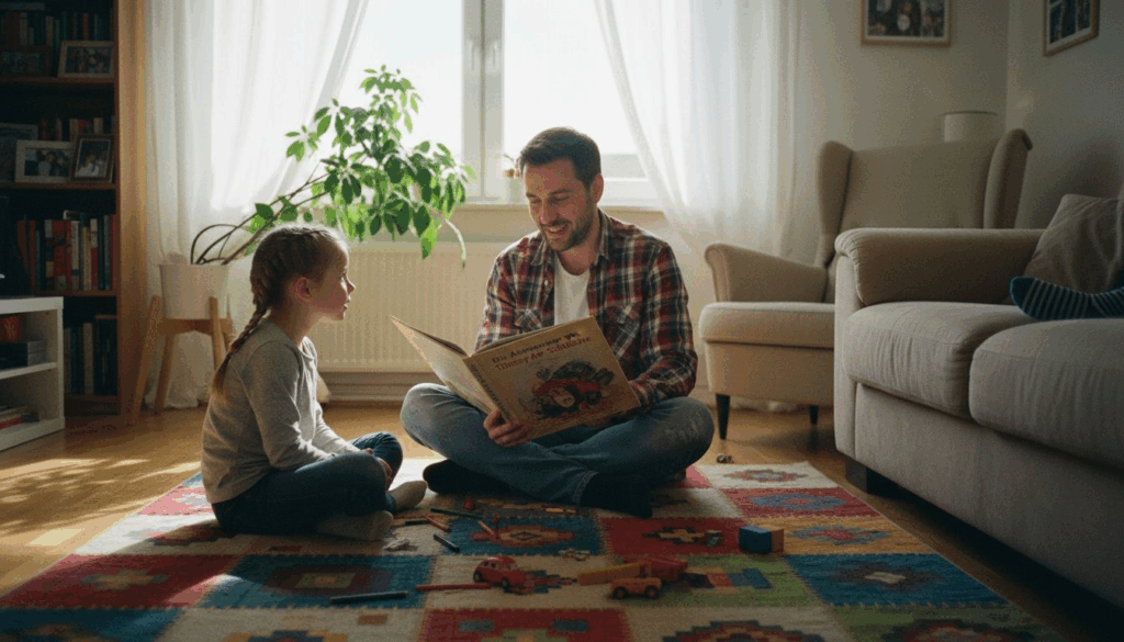 Ein Vater sitzt mit seiner kleinen Tochter auf dem Sofa und liest ihr eine Gutenachtgeschichte vor.
