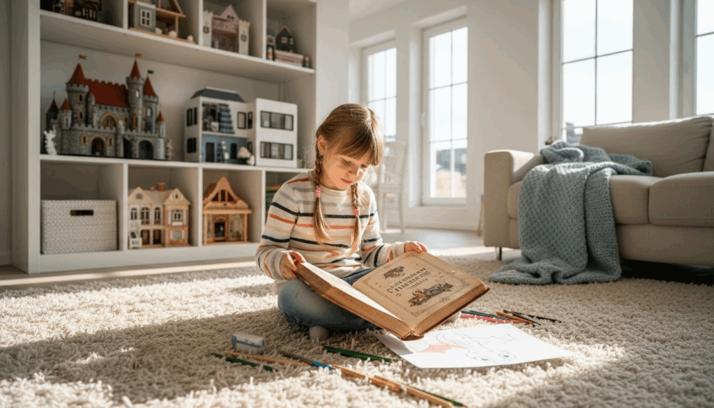 Ein Kind liegt gemütlich auf dem Teppich und lässt sich ganz in die Welt seines Märchenbuchs hineinziehen.