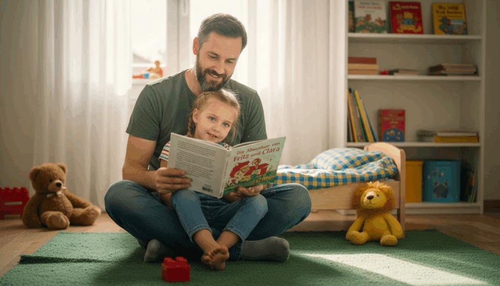 Ein Vater liest seiner Tochter ein Märchen vor.