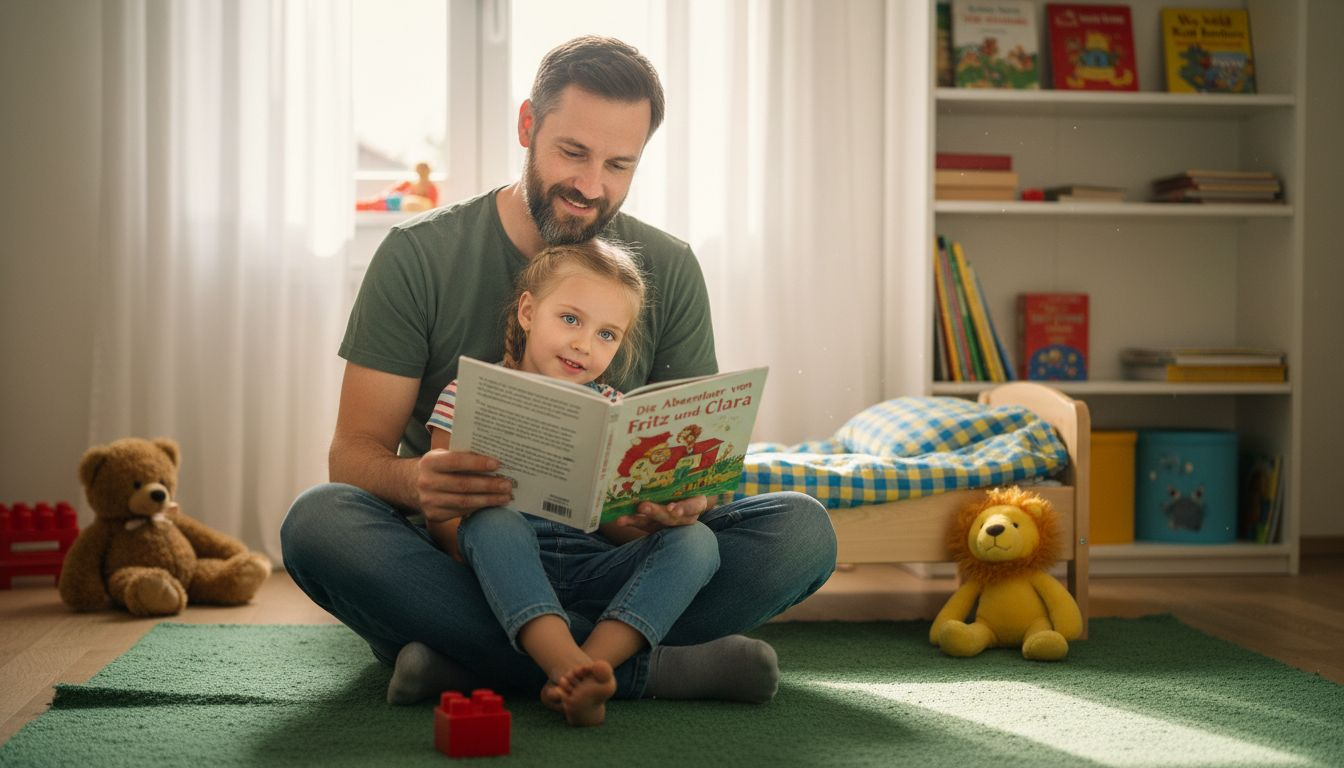 Ein Vater liest seiner Tochter ein Märchen vor.