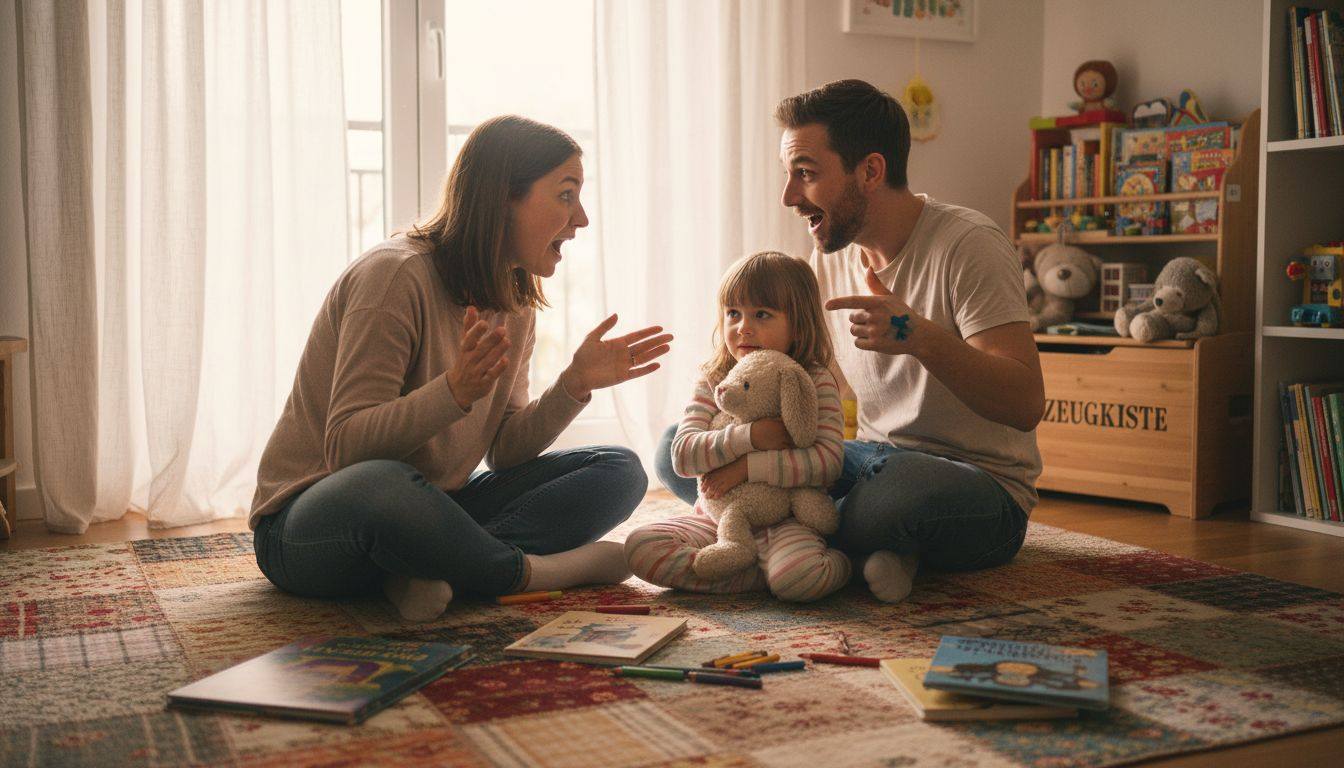 Im Kinderzimmer sitzen die Eltern am Bett ihres Kindes und lesen gemeinsam Geschichten vor.