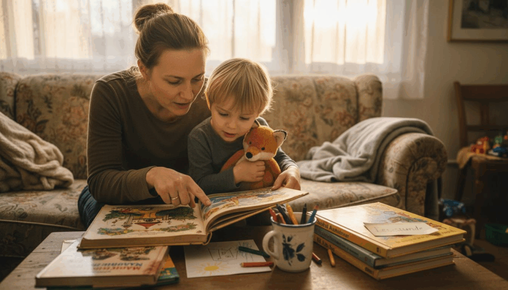 Eine Mutter sitzt mit ihrem Kind gemütlich auf dem Sofa im Wohnzimmer und liest gemeinsam ein Buch.