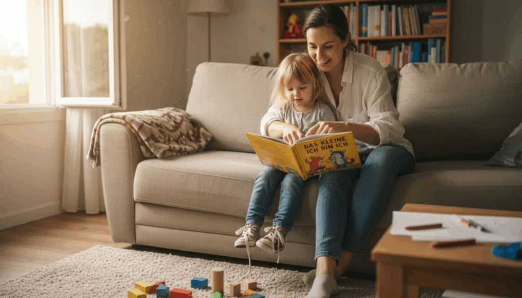 Eine Mutter sitzt mit ihrem Kind gemütlich auf dem Sofa und blättert gemeinsam durch ein Bilderbuch.