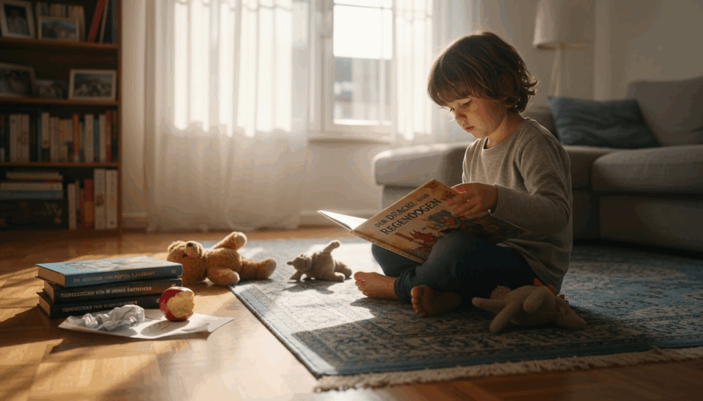 Ein Kind sitzt gemütlich im Wohnzimmer und vertieft sich in ein spannendes Bilderbuch.