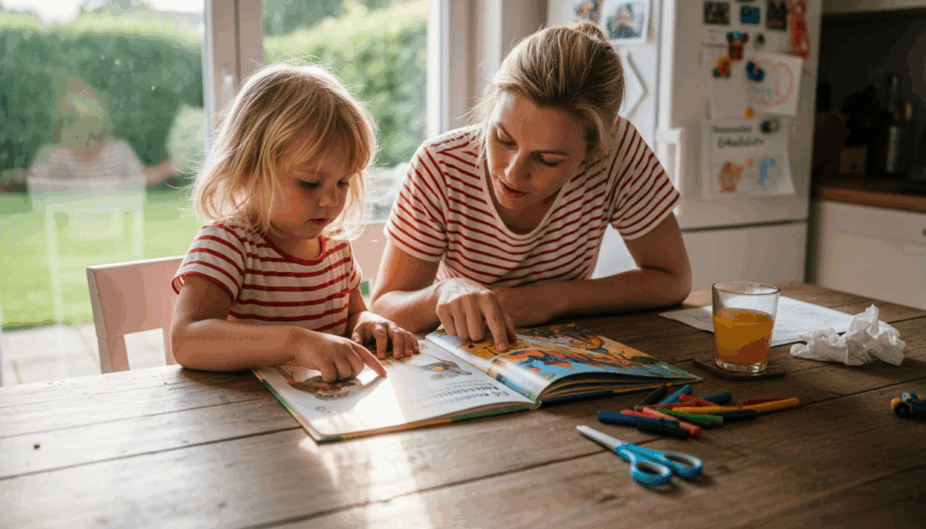 Am Küchentisch blättern Mutter und Tochter gemeinsam in einem bunten Bilderbuch.