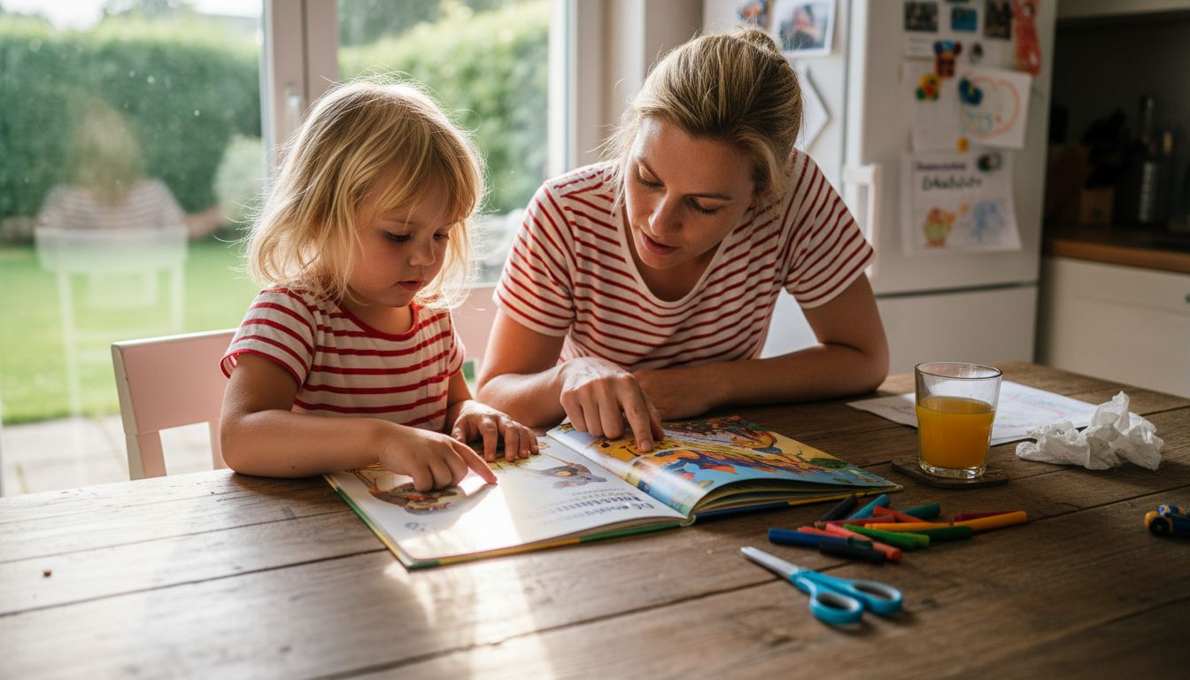 Am Küchentisch blättern Mutter und Tochter gemeinsam in einem bunten Bilderbuch.
