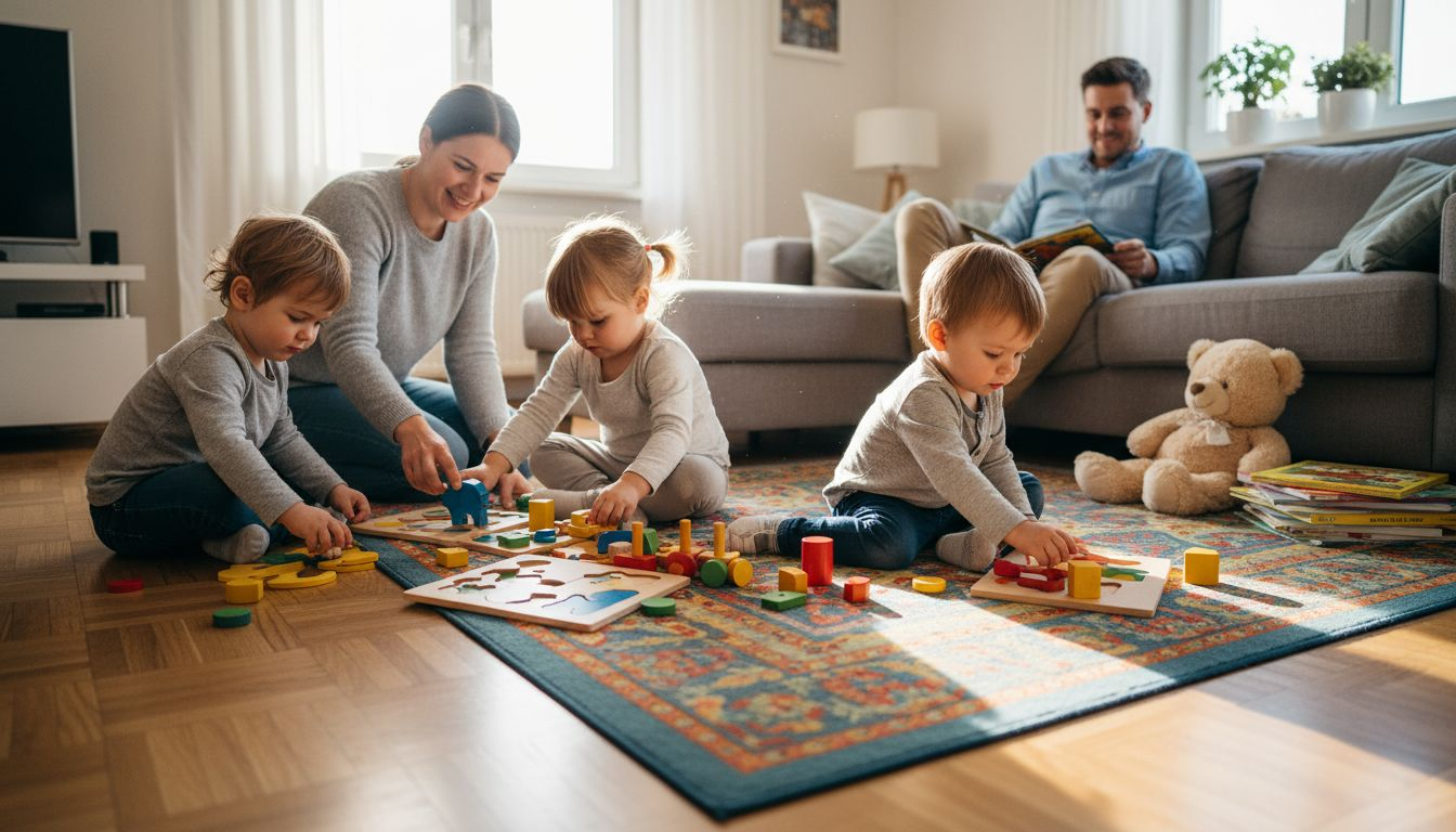 Kleine Kinder sitzen auf dem Wohnzimmerteppich und legen Ravensburger-Puzzles.