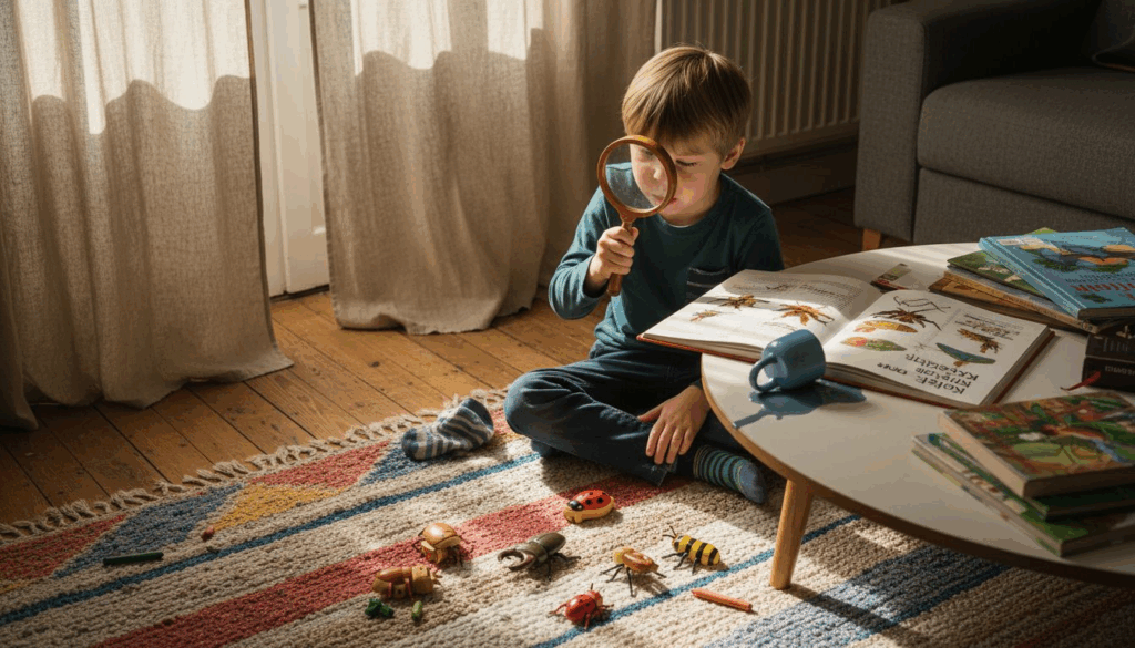 Ein Kind entdeckt spielerisch seine Spielsachen im Wohnzimmer.