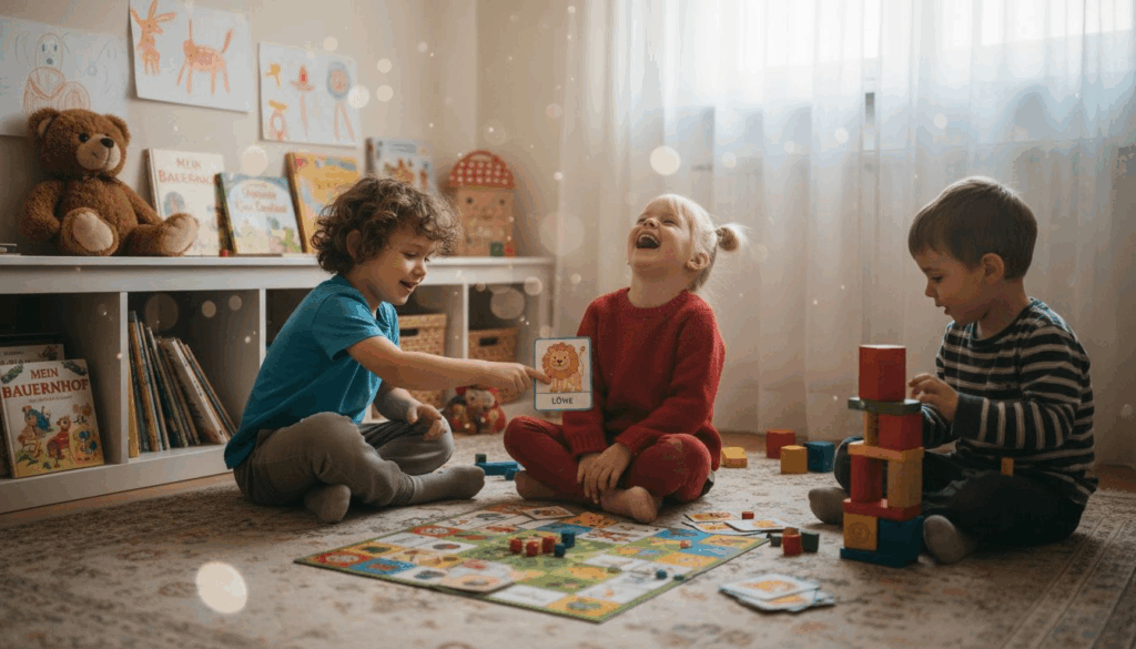 Vorschulkinder haben Spaß beim gemeinsamen Sprachspiel.