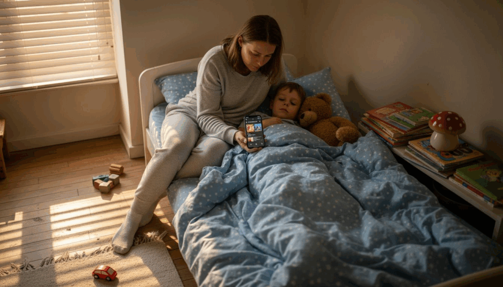 Eine Mutter sucht gemeinsam mit ihrem Kind eine passende Gute-Nacht-Geschichte auf Spotify aus.