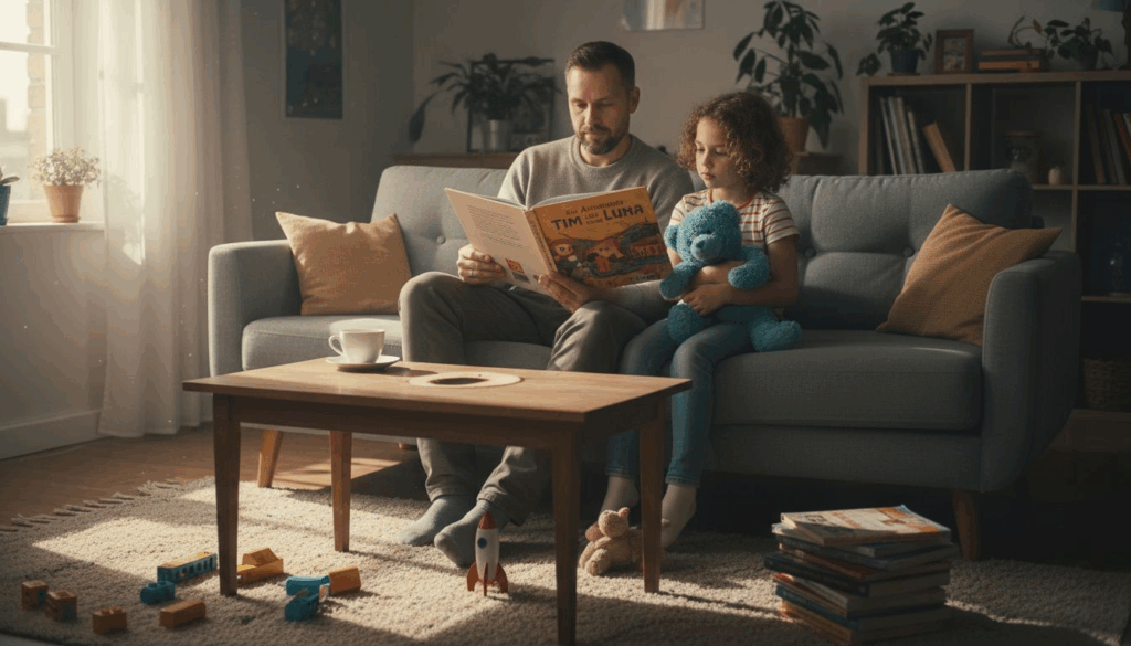 Eltern gestalten das Vorlesen für ihr Kind lebendig und beziehen es aktiv mit ein.