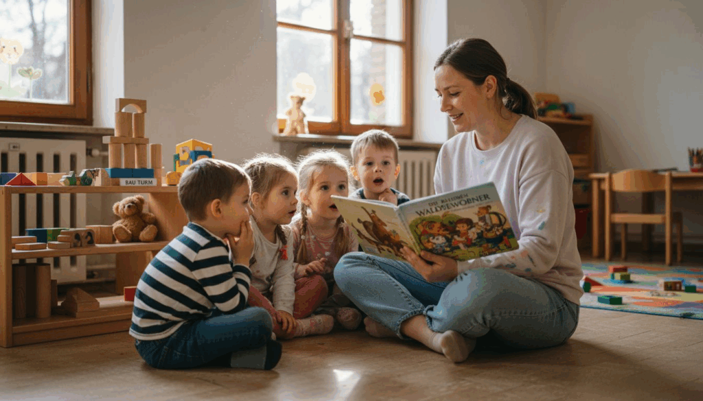Die Erzieherin liest den gespannt lauschenden Kindern eine Geschichte vor.