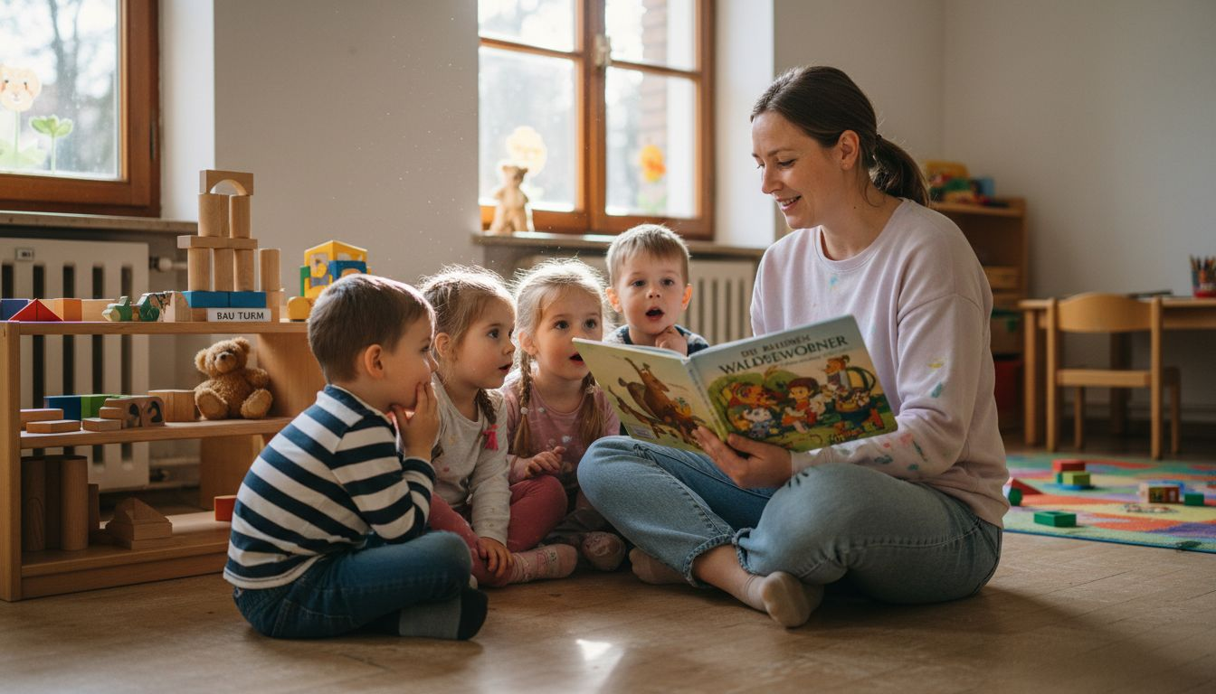 Die Erzieherin liest den gespannt lauschenden Kindern eine Geschichte vor.