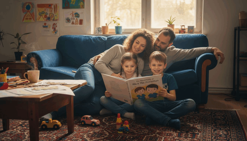 Gemeinsam schmökert die Familie in einem Buch über Geschwister.
