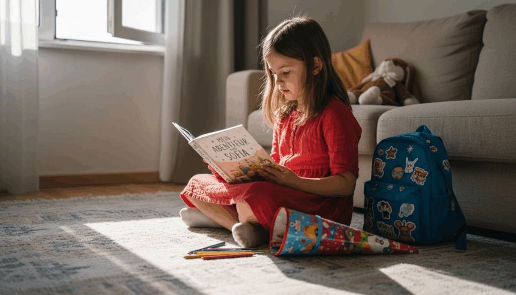 Ein Kind blättert zu Hause begeistert in seinem personalisierten Buch zur Einschulung.