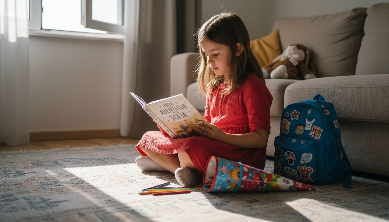 Ein Kind blättert zu Hause begeistert in seinem personalisierten Buch zur Einschulung.