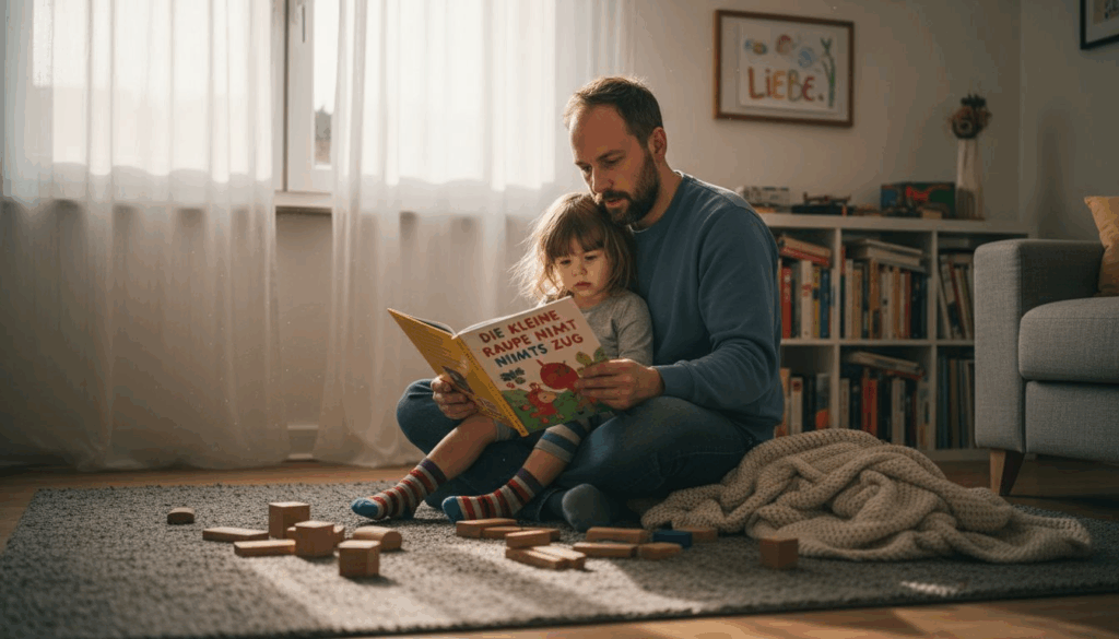 Ein Vater liest gemeinsam mit seinem Kind ein individuell gestaltetes Buch und taucht mit ihm in eine ganz persönliche Geschichte ein.