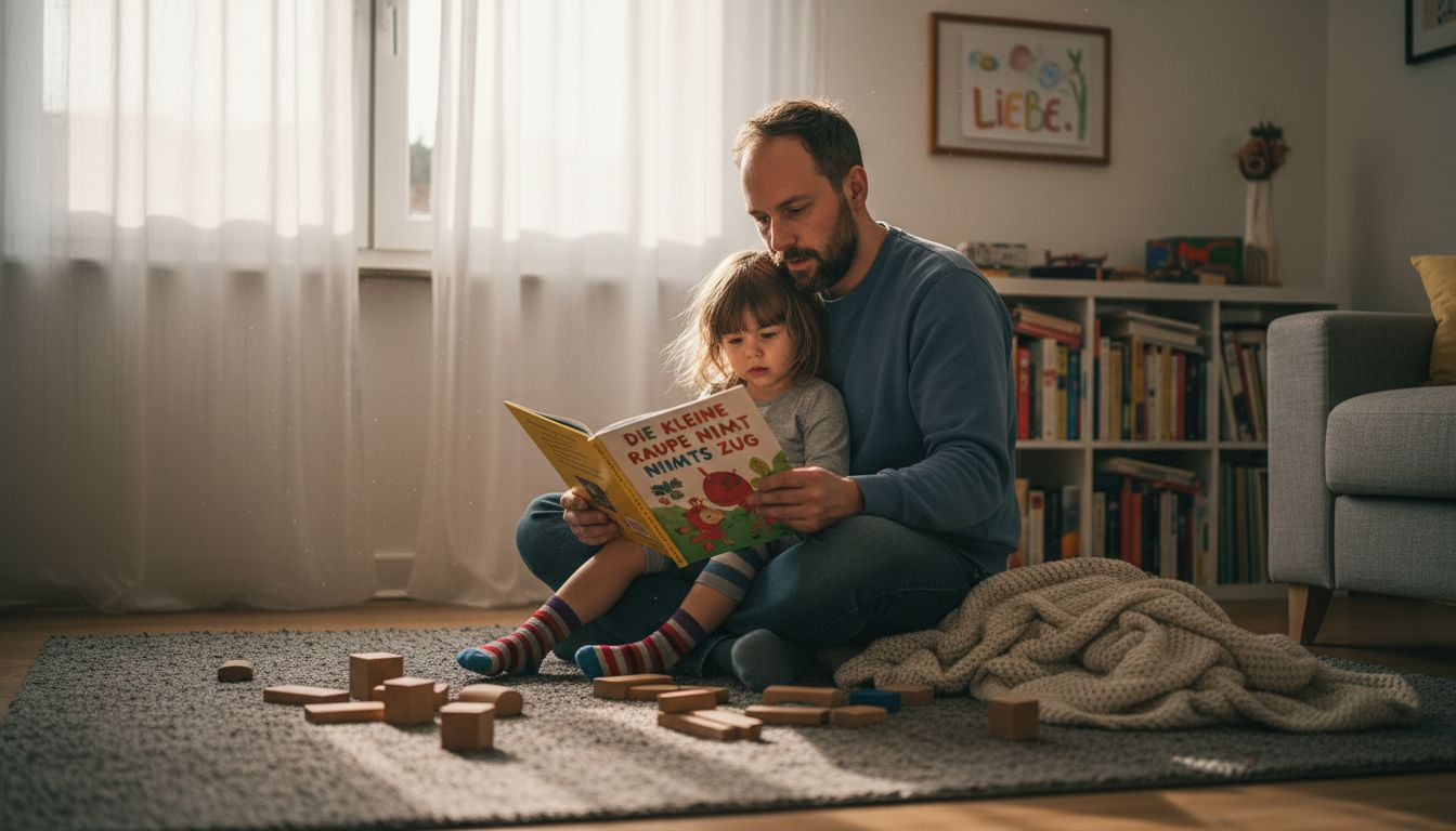 Ein Vater liest gemeinsam mit seinem Kind ein individuell gestaltetes Buch und taucht mit ihm in eine ganz persönliche Geschichte ein.
