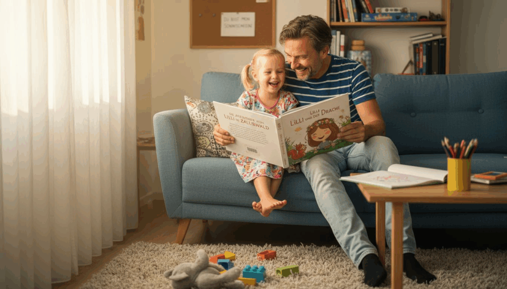 Ein Vater schmökert gemeinsam mit seiner Tochter in einem personalisierten Kinderbuch.